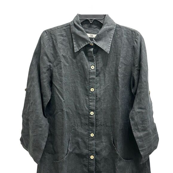 Tusso 100% Pamuk Shirt Button Down Rolled Tab LS Lagenlook Black Dress Size 3 - Picture 2 of 9